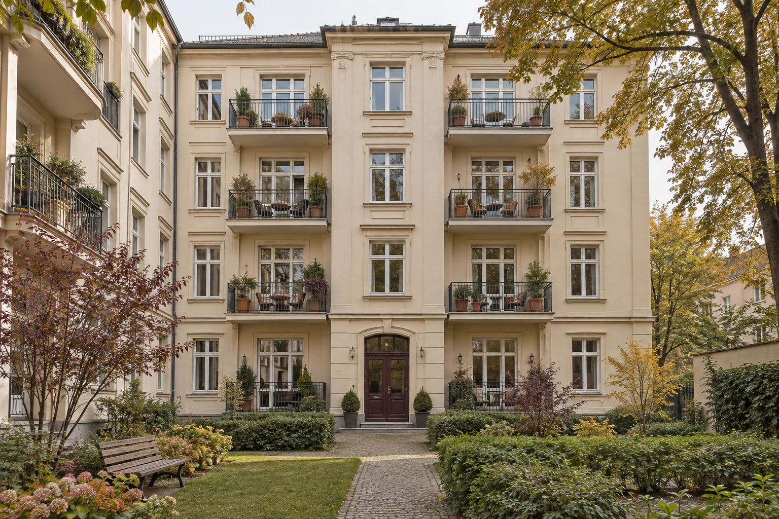 Mehrgeschossiges Wohnhaus mit geordneten Fensterachsen und begrüntem gemeinschaftlichem Innenhof.